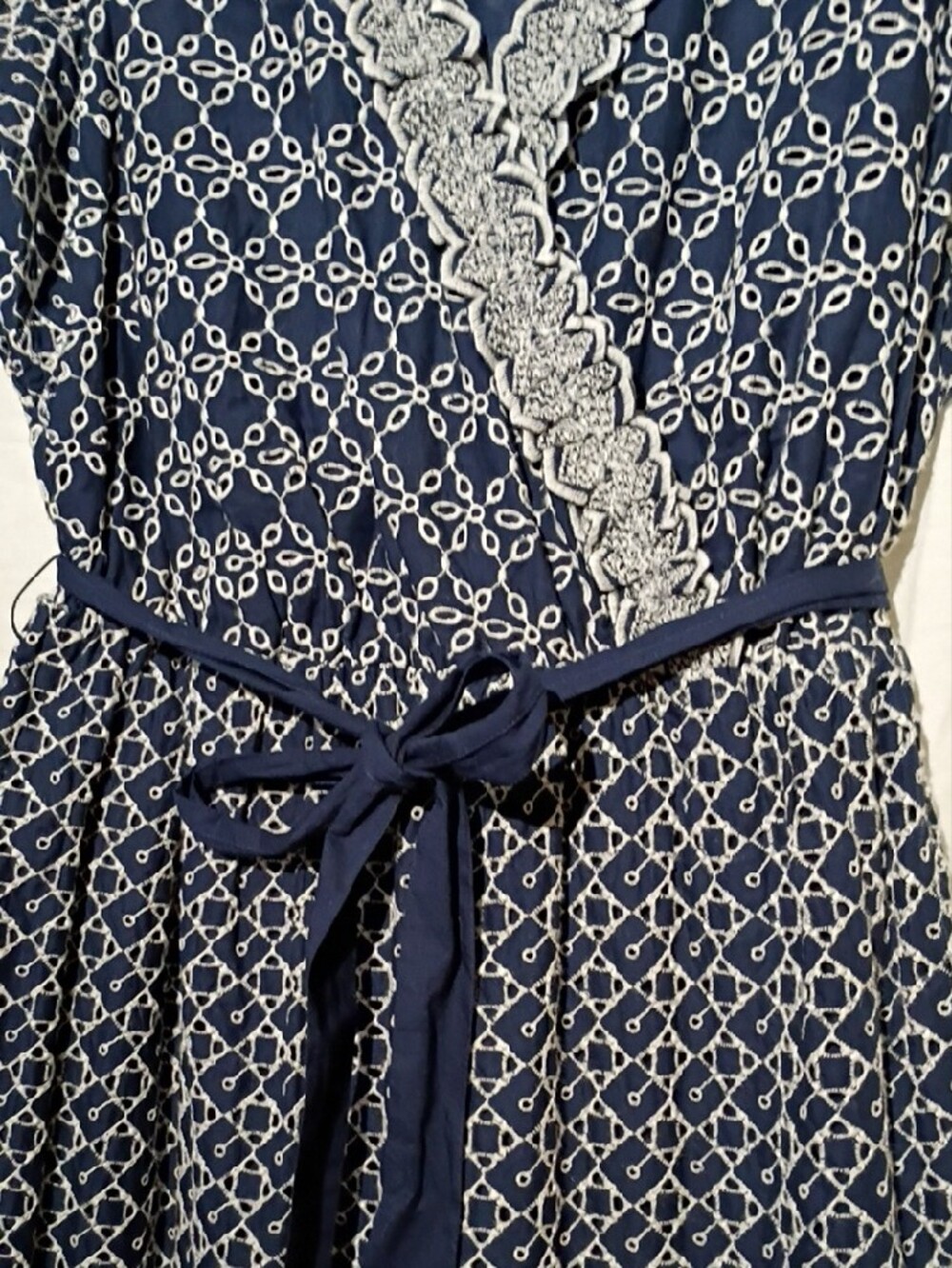 Express Navy Cotton Wrap Midi Dress with White Lace Trim, Sz 4, NWOT - Picture 5 of 16